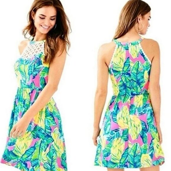 Lilly Pulitzer Kinley Dress 00 Pink Sunset Local Flavor Tropical Resort Preppy - Picture 1 of 8